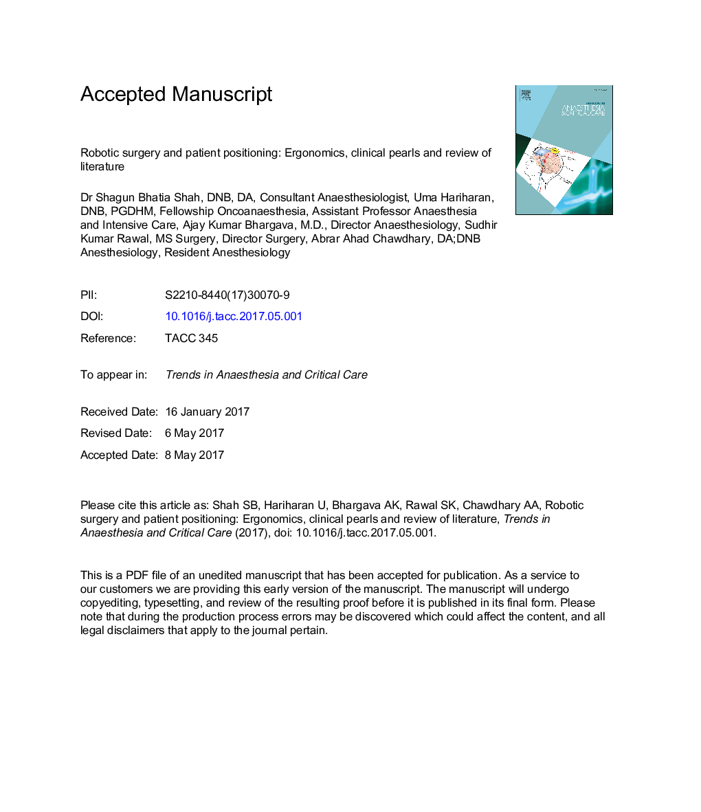 Robotic surgery and patient positioning: Ergonomics, clinical pearls and review of literature