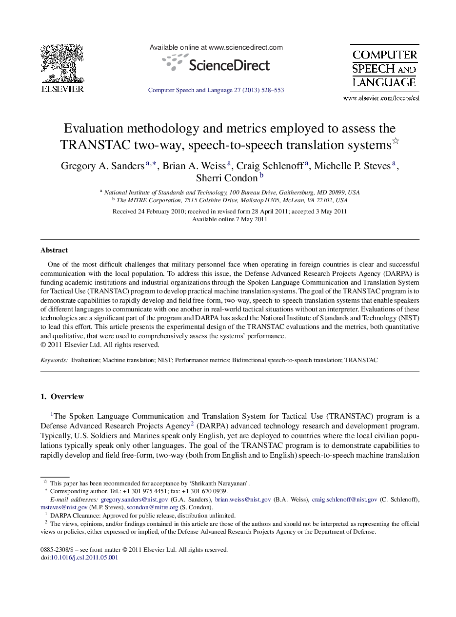 Evaluation methodology and metrics employed to assess the TRANSTAC two-way, speech-to-speech translation systems 