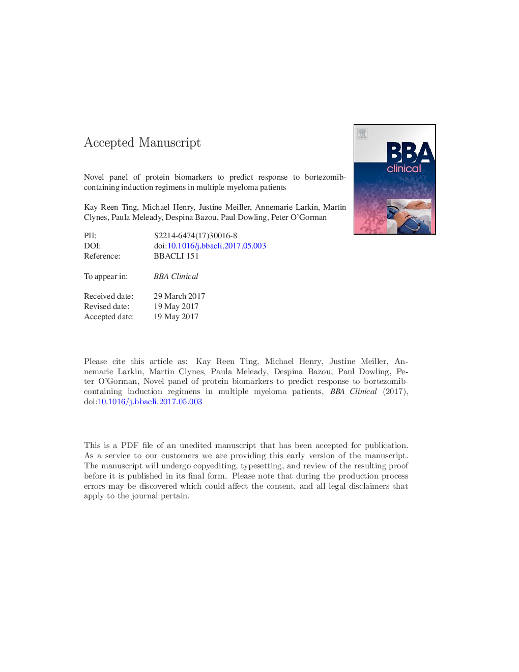 Novel panel of protein biomarkers to predict response to bortezomib-containing induction regimens in multiple myeloma patients