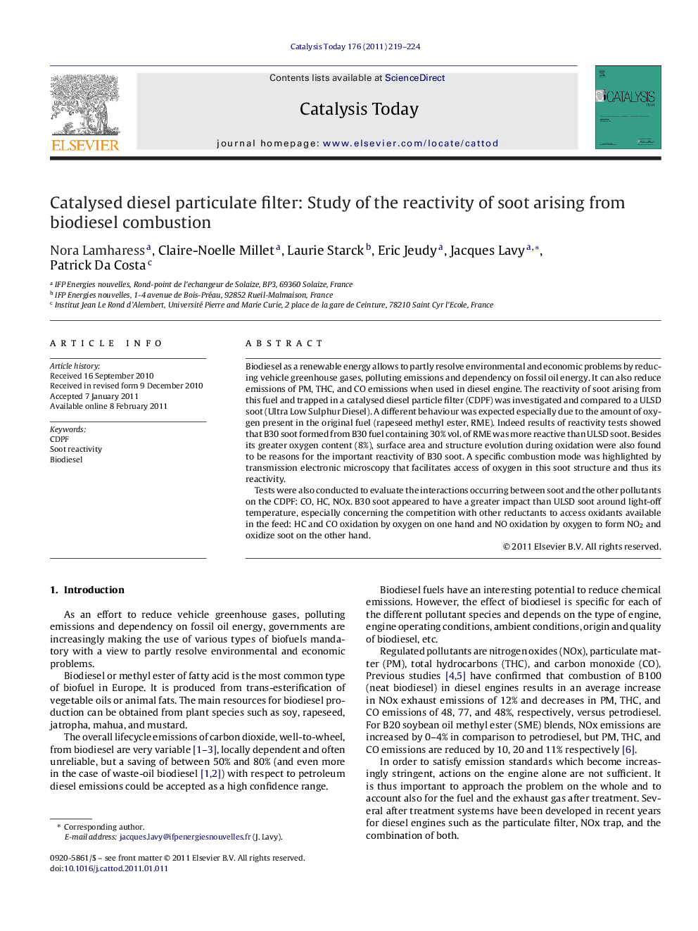 Catalysed diesel particulate filter: Study of the reactivity of soot arising from biodiesel combustion