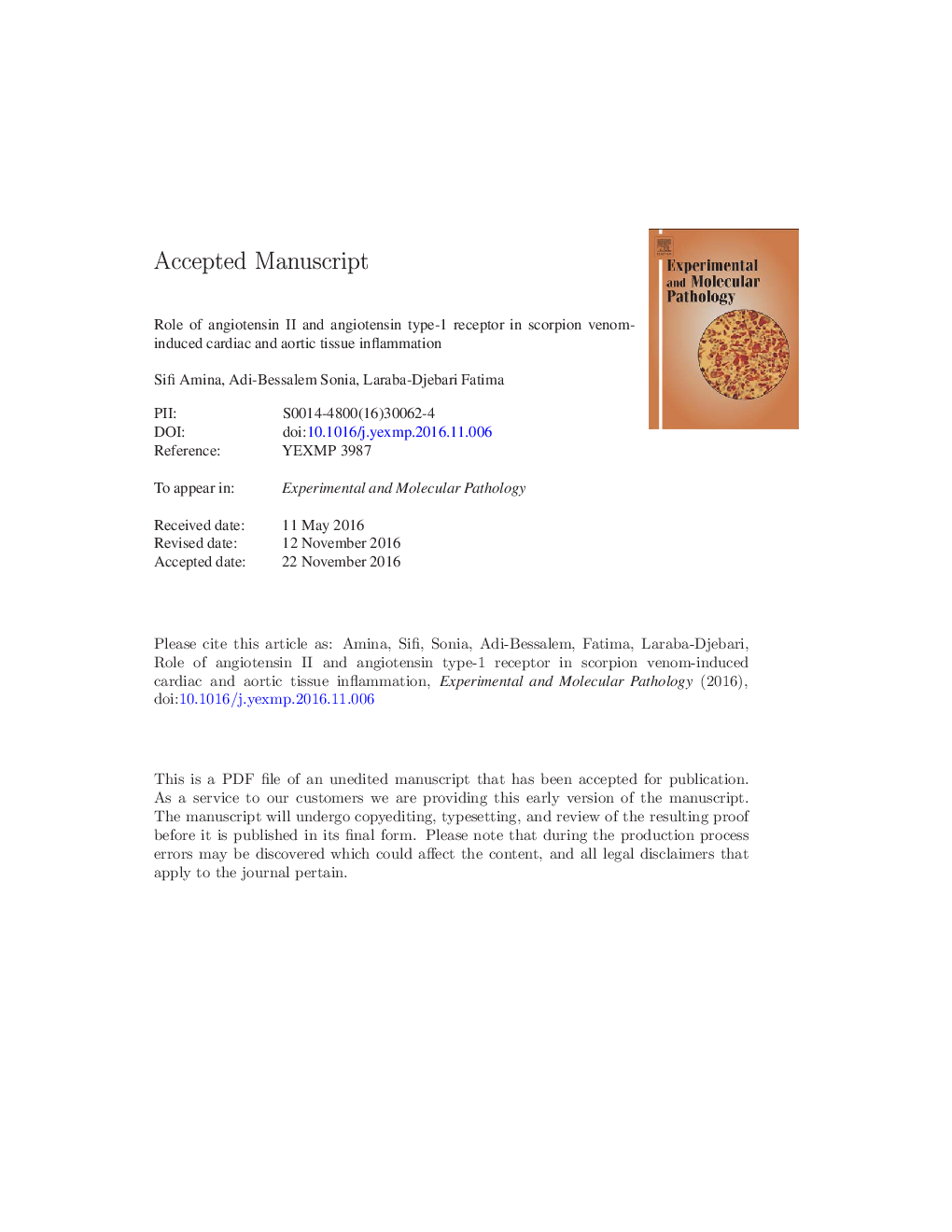 Role of angiotensin II and angiotensin type-1 receptor in scorpion venom-induced cardiac and aortic tissue inflammation