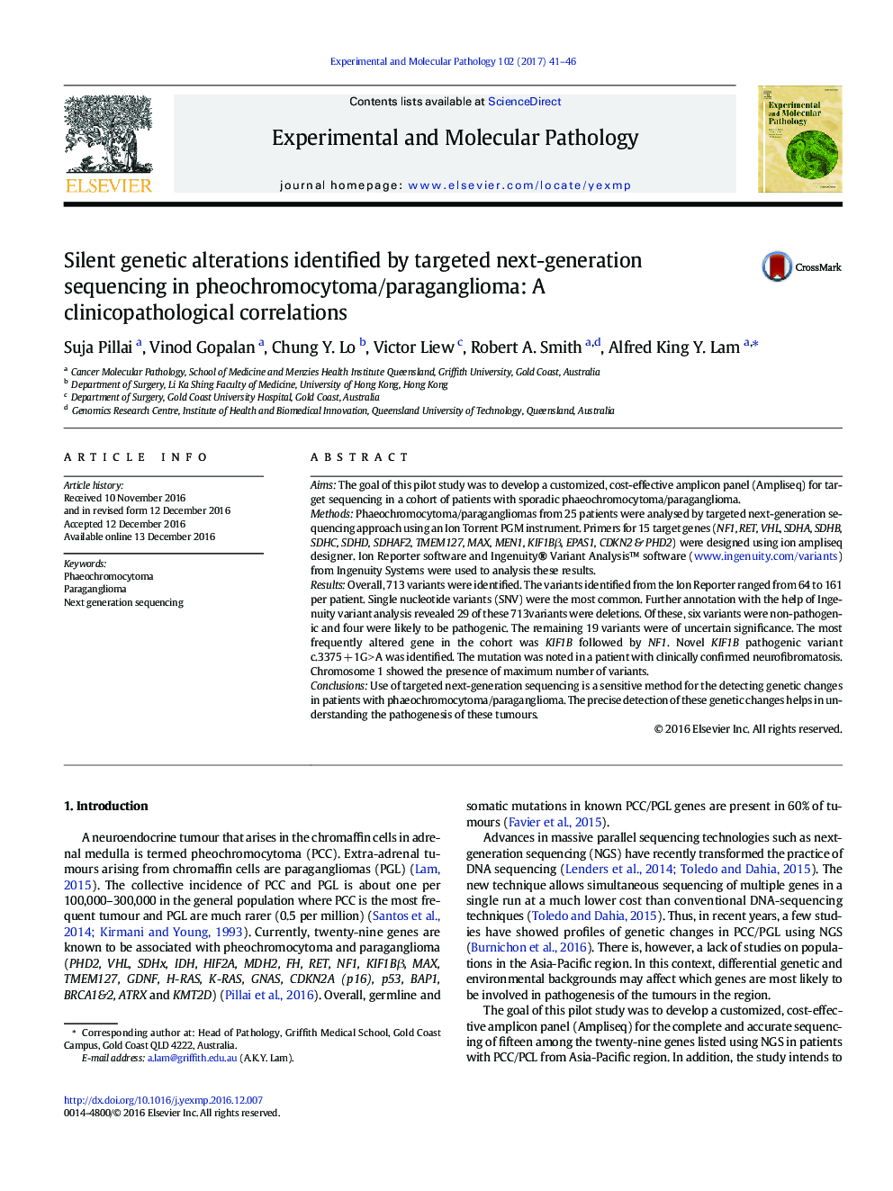 Silent genetic alterations identified by targeted next-generation sequencing in pheochromocytoma/paraganglioma: A clinicopathological correlations