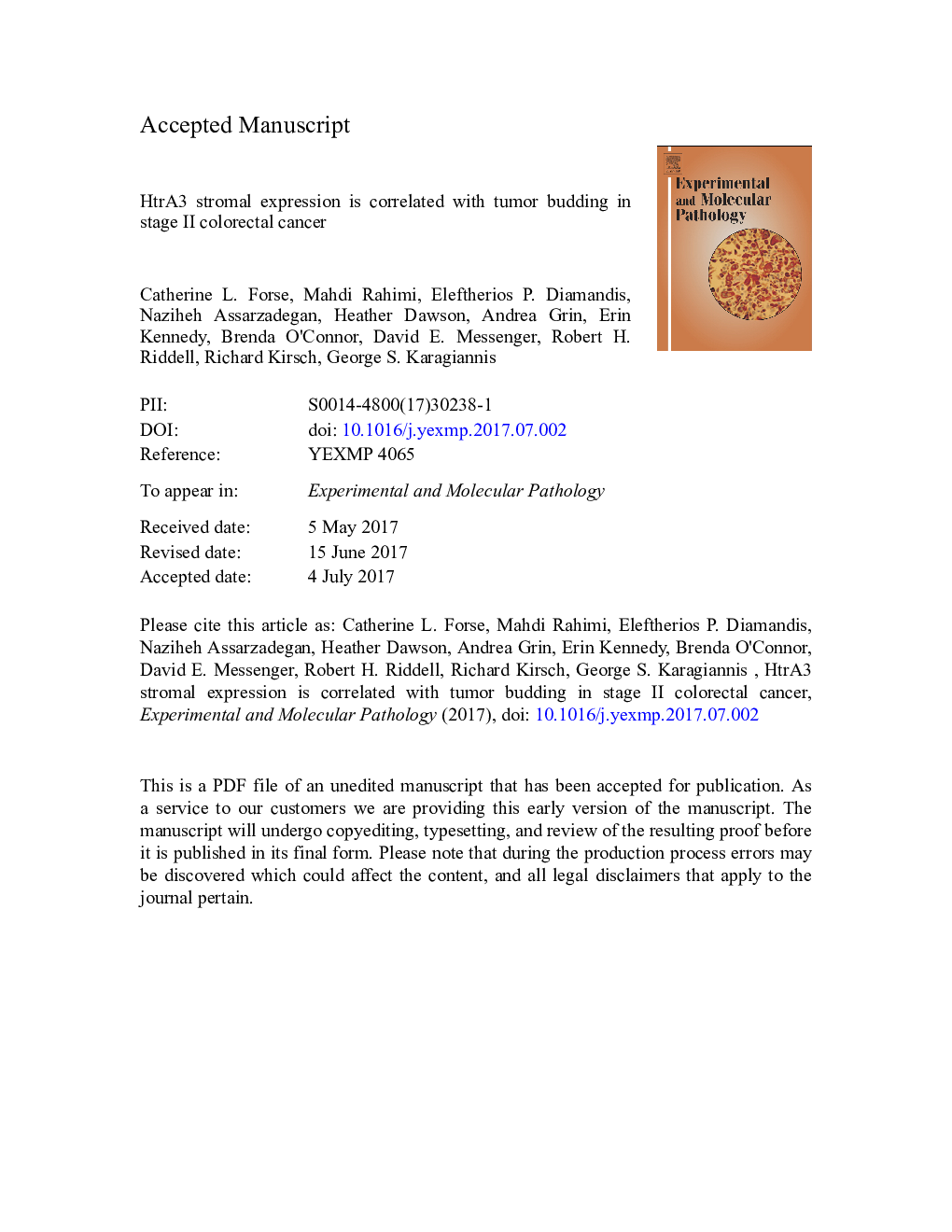 HtrA3 stromal expression is correlated with tumor budding in stage II colorectal cancer