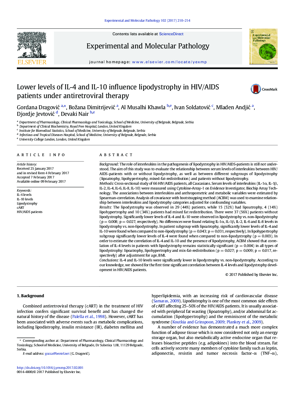 Lower levels of IL-4 and IL-10 influence lipodystrophy in HIV/AIDS patients under antiretroviral therapy