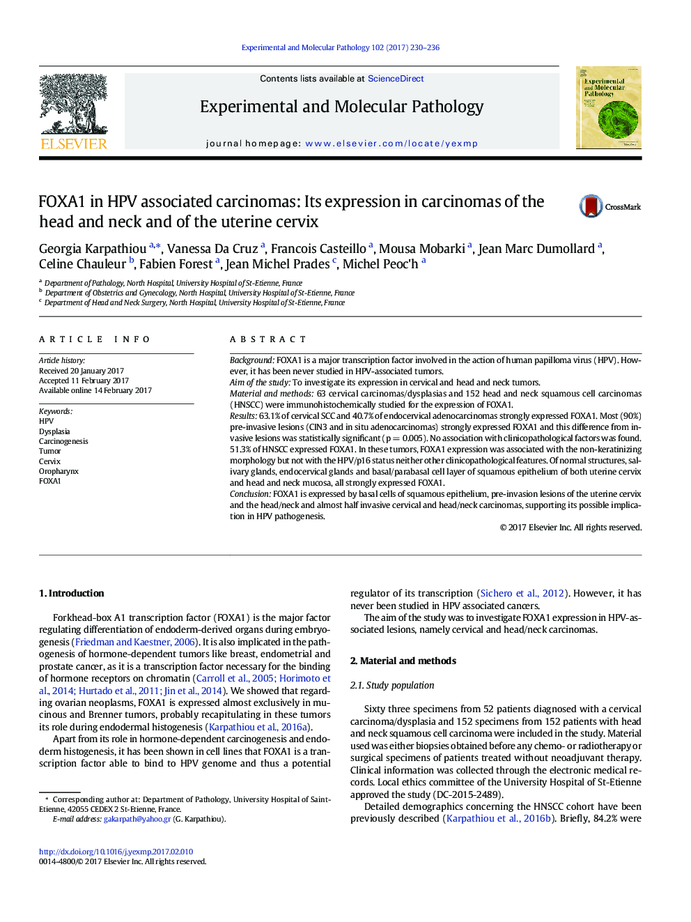 FOXA1 in HPV associated carcinomas: Its expression in carcinomas of the head and neck and of the uterine cervix