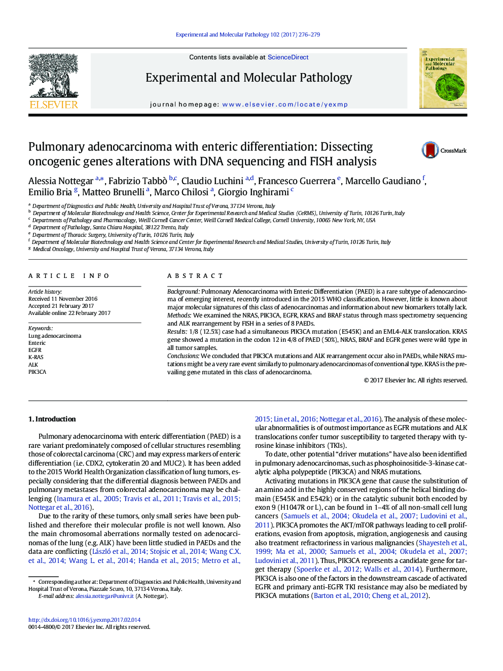 Pulmonary adenocarcinoma with enteric differentiation: Dissecting oncogenic genes alterations with DNA sequencing and FISH analysis