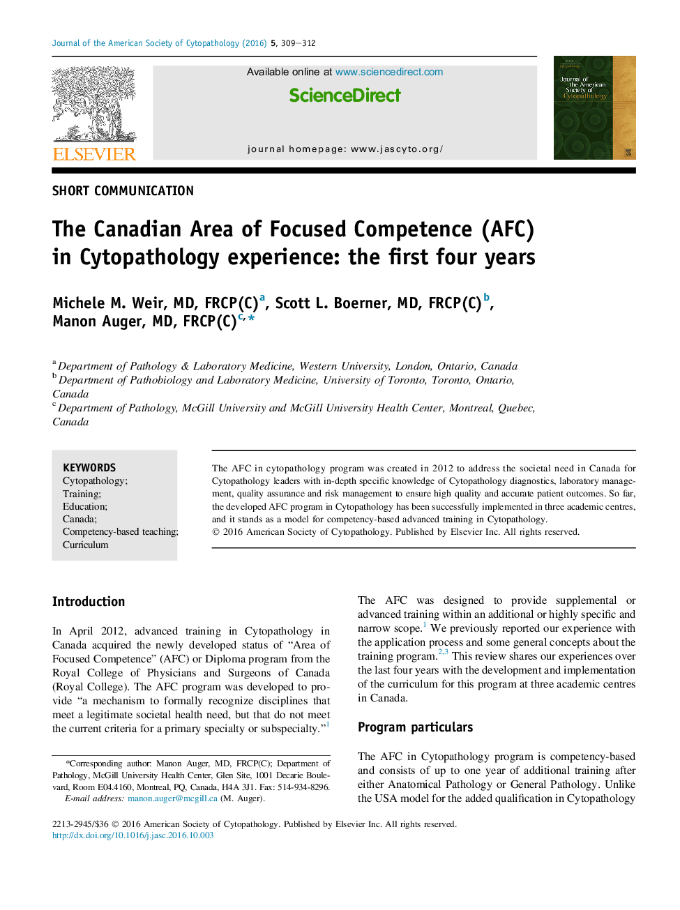 The Canadian Area of Focused Competence (AFC) in Cytopathology experience: the first four years