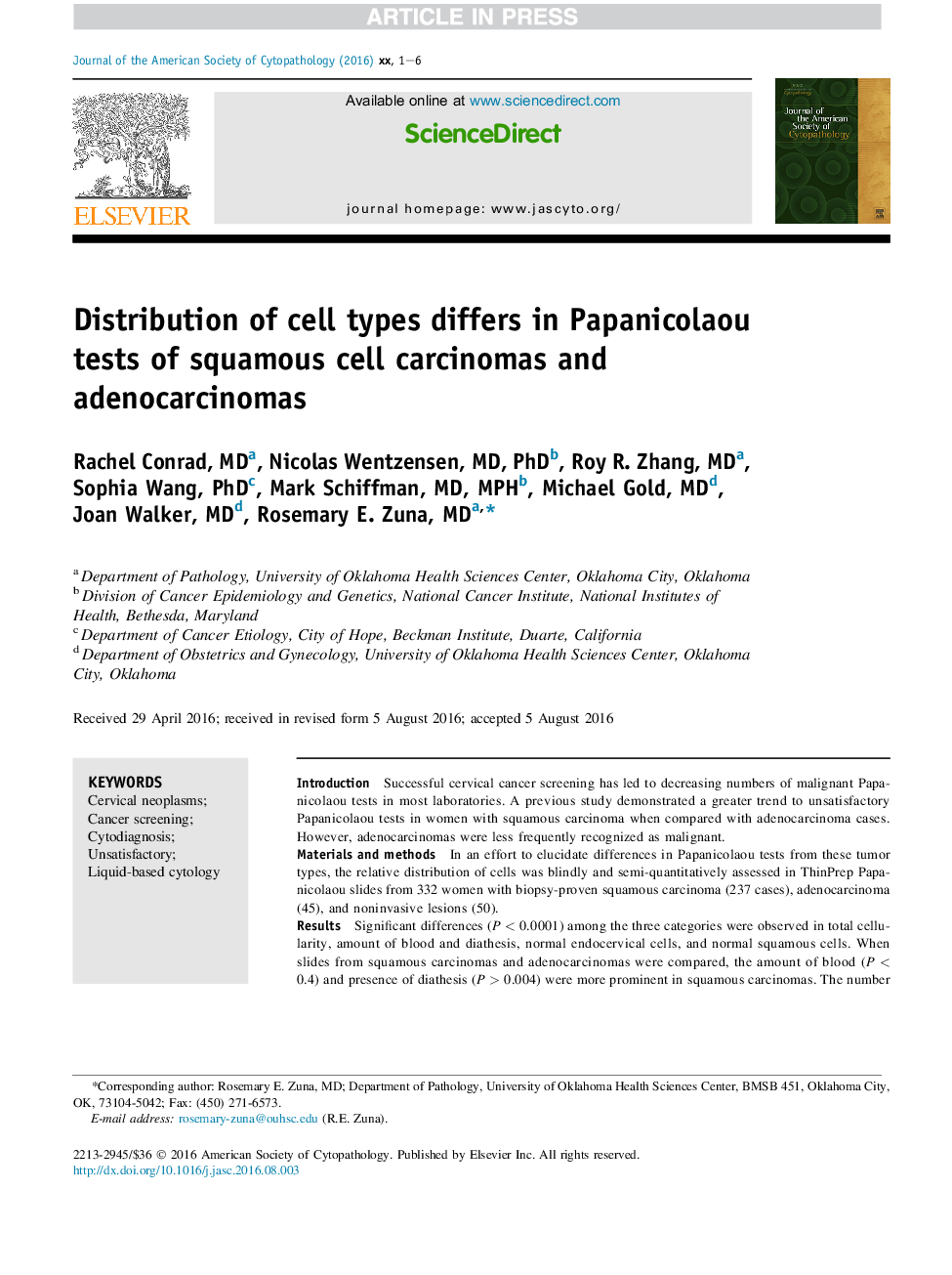 Distribution of cell types differs in Papanicolaou tests of squamous cell carcinomas and adenocarcinomas