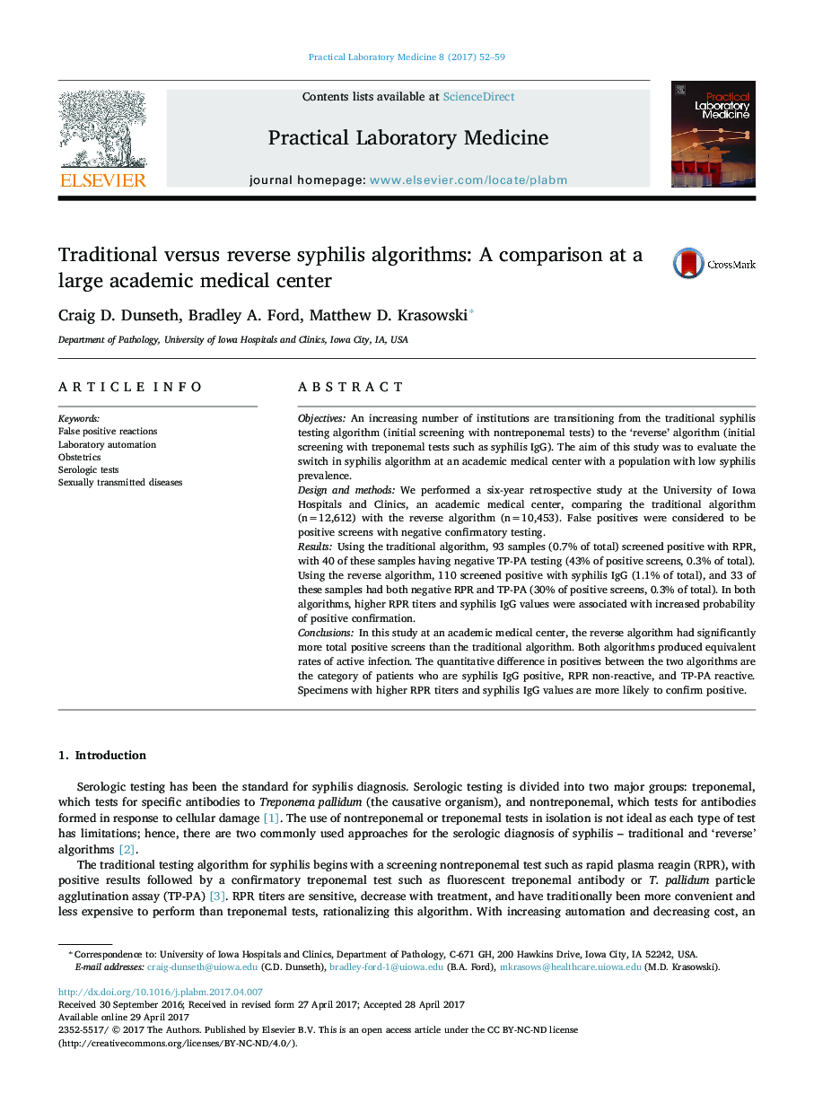 Traditional versus reverse syphilis algorithms: A comparison at a large academic medical center