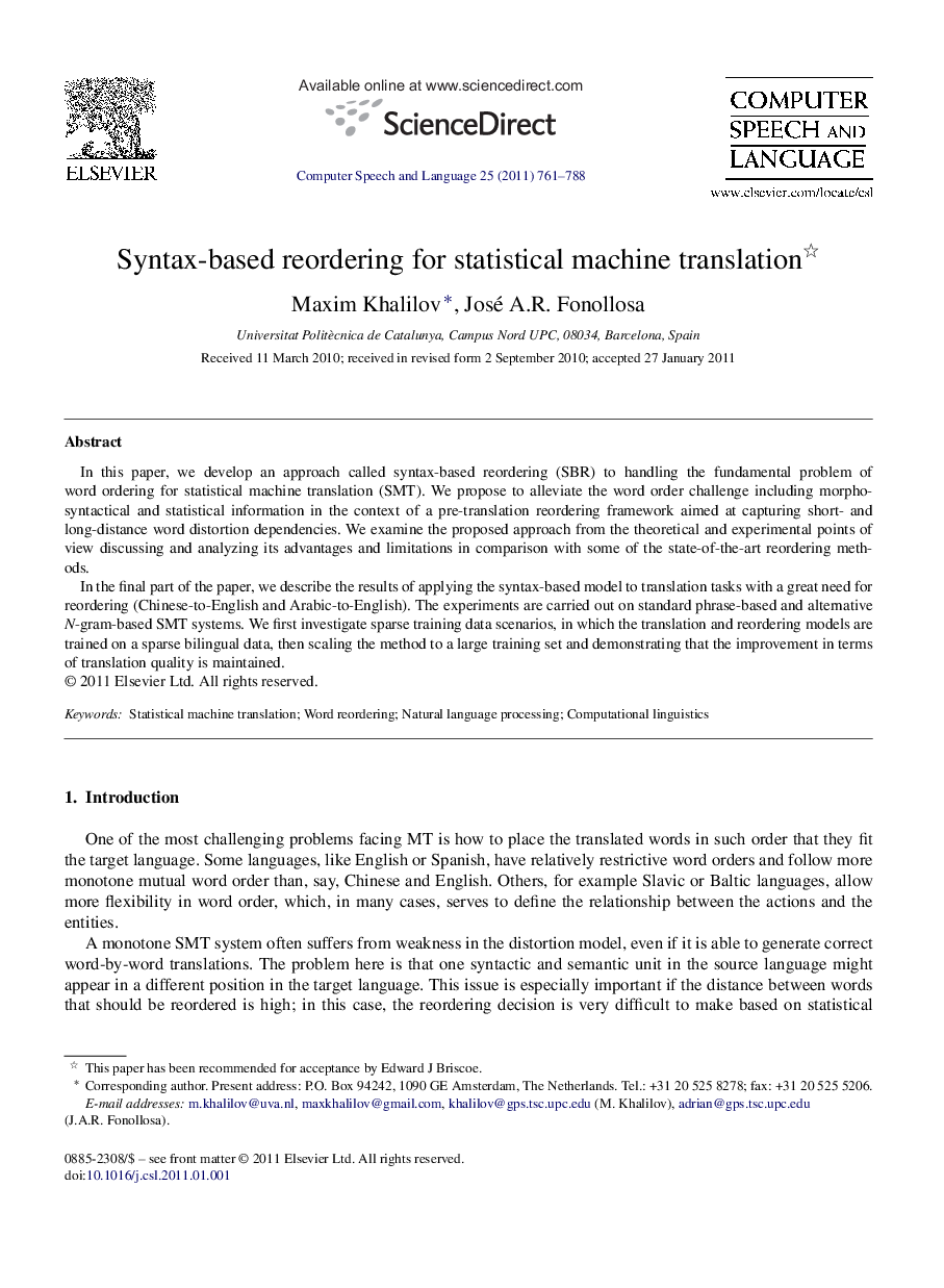 Syntax-based reordering for statistical machine translation 