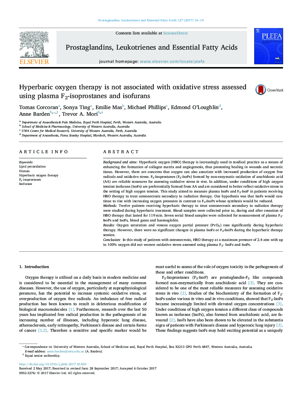 Hyperbaric oxygen therapy is not associated with oxidative stress assessed using plasma F2-isoprostanes and isofurans