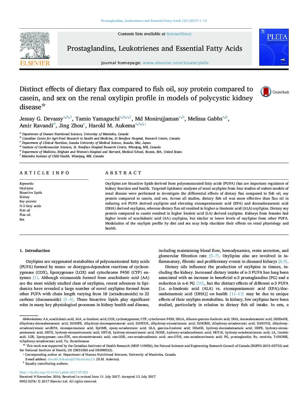 Distinct effects of dietary flax compared to fish oil, soy protein compared to casein, and sex on the renal oxylipin profile in models of polycystic kidney disease