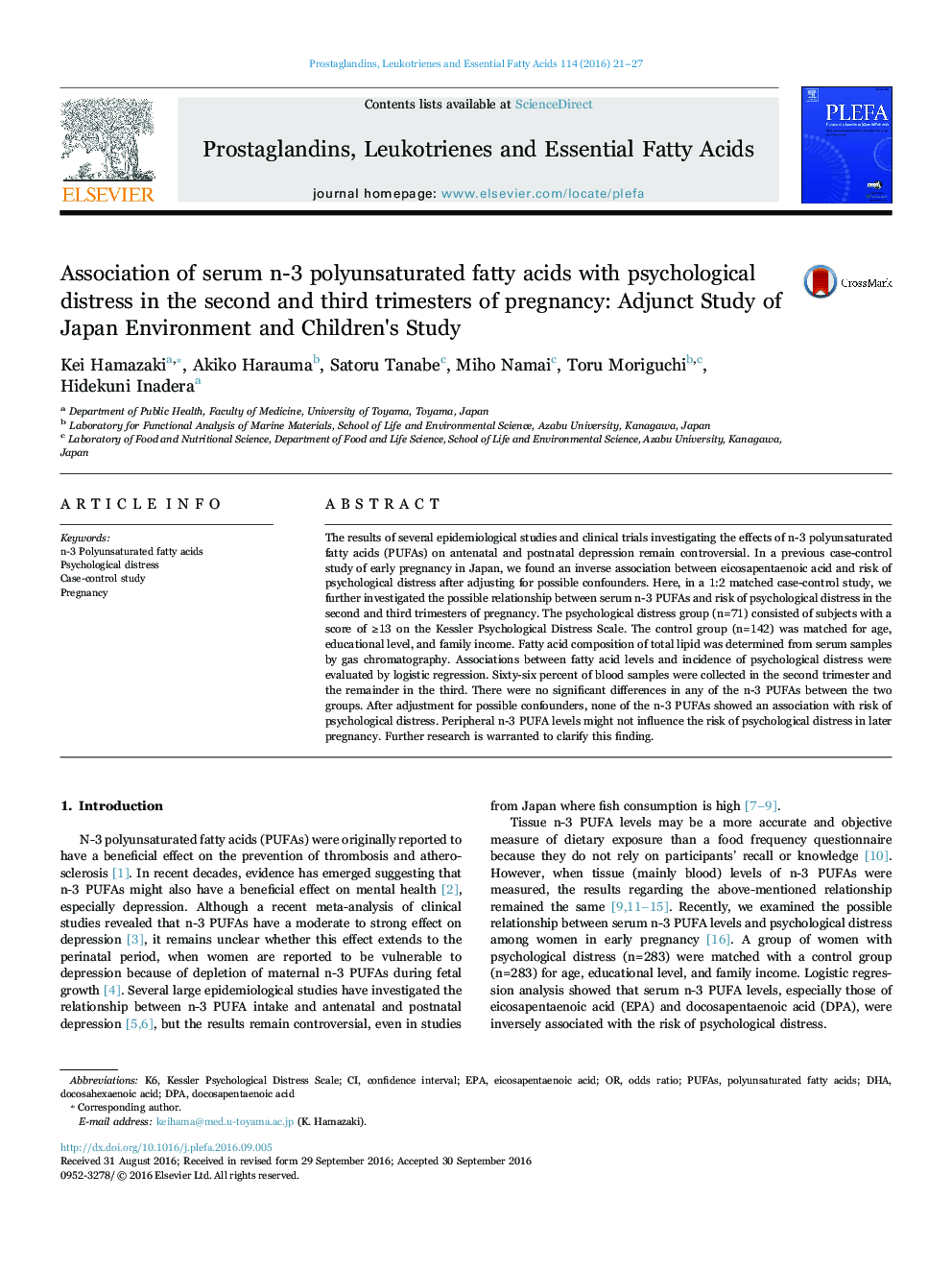 Association of serum n-3 polyunsaturated fatty acids with psychological distress in the second and third trimesters of pregnancy: Adjunct Study of Japan Environment and Children's Study
