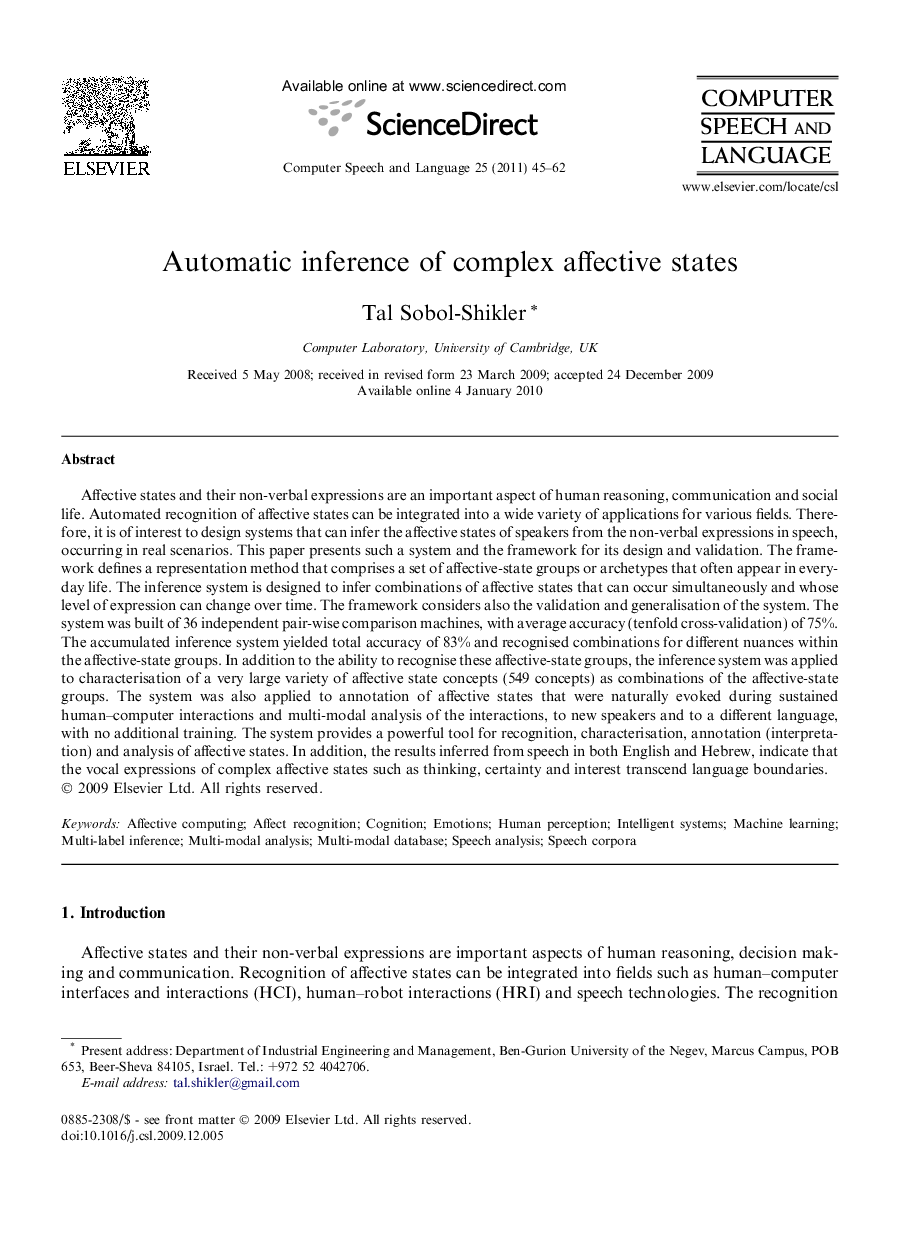 Automatic inference of complex affective states