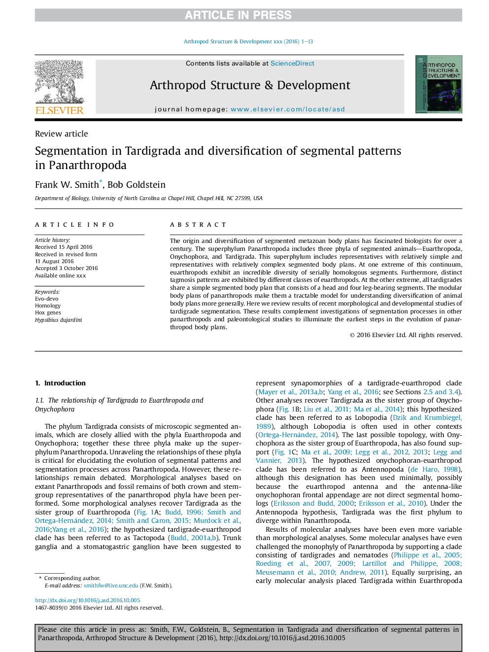 Segmentation in Tardigrada and diversification of segmental patterns in Panarthropoda