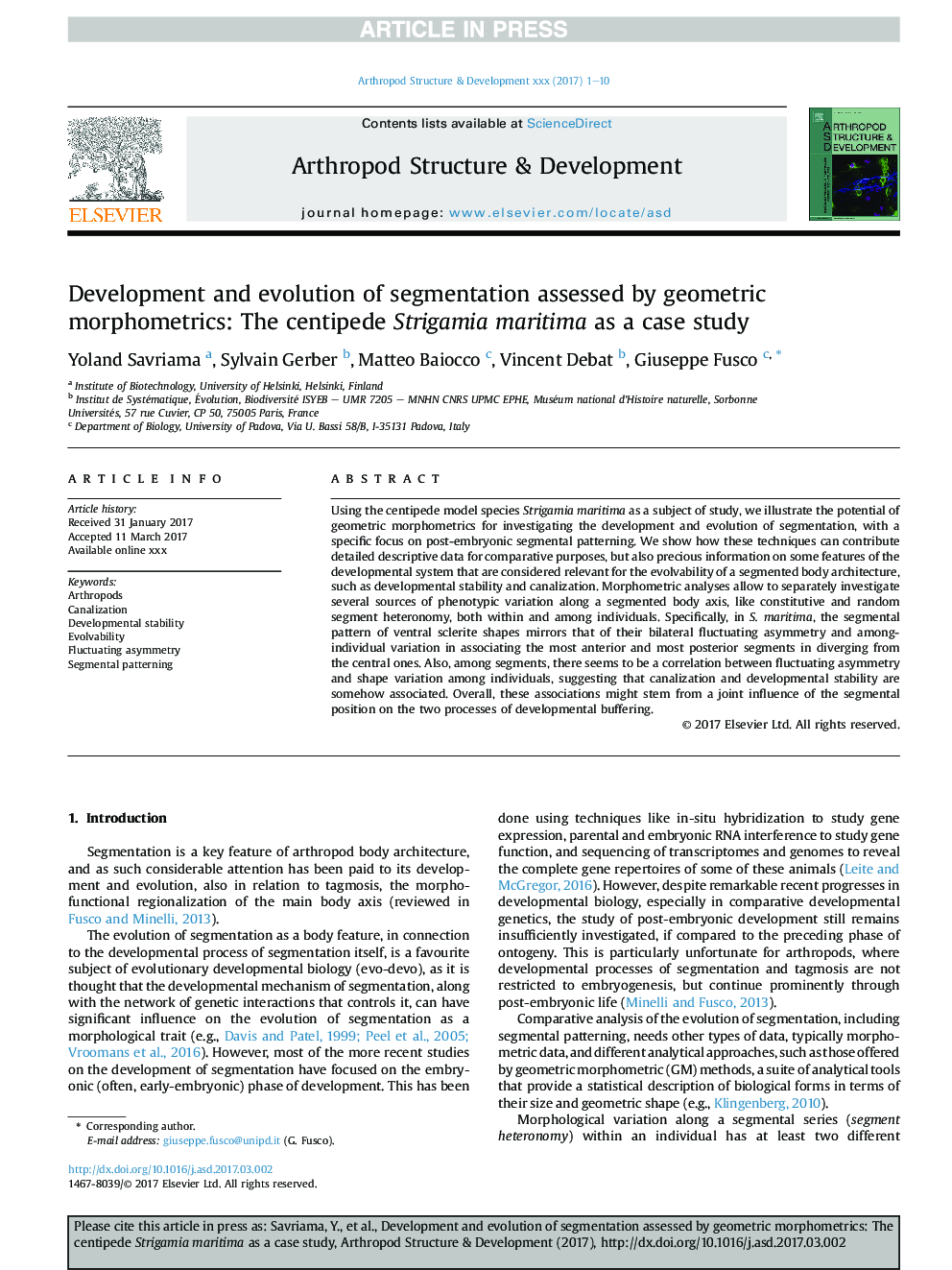 Development and evolution of segmentation assessed by geometric morphometrics: The centipede Strigamia maritima as a case study