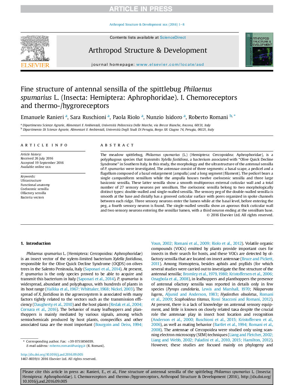 Fine structure of antennal sensilla of the spittlebug Philaenus spumarius L. (Insecta: Hemiptera: Aphrophoridae). I. Chemoreceptors and thermo-/hygroreceptors