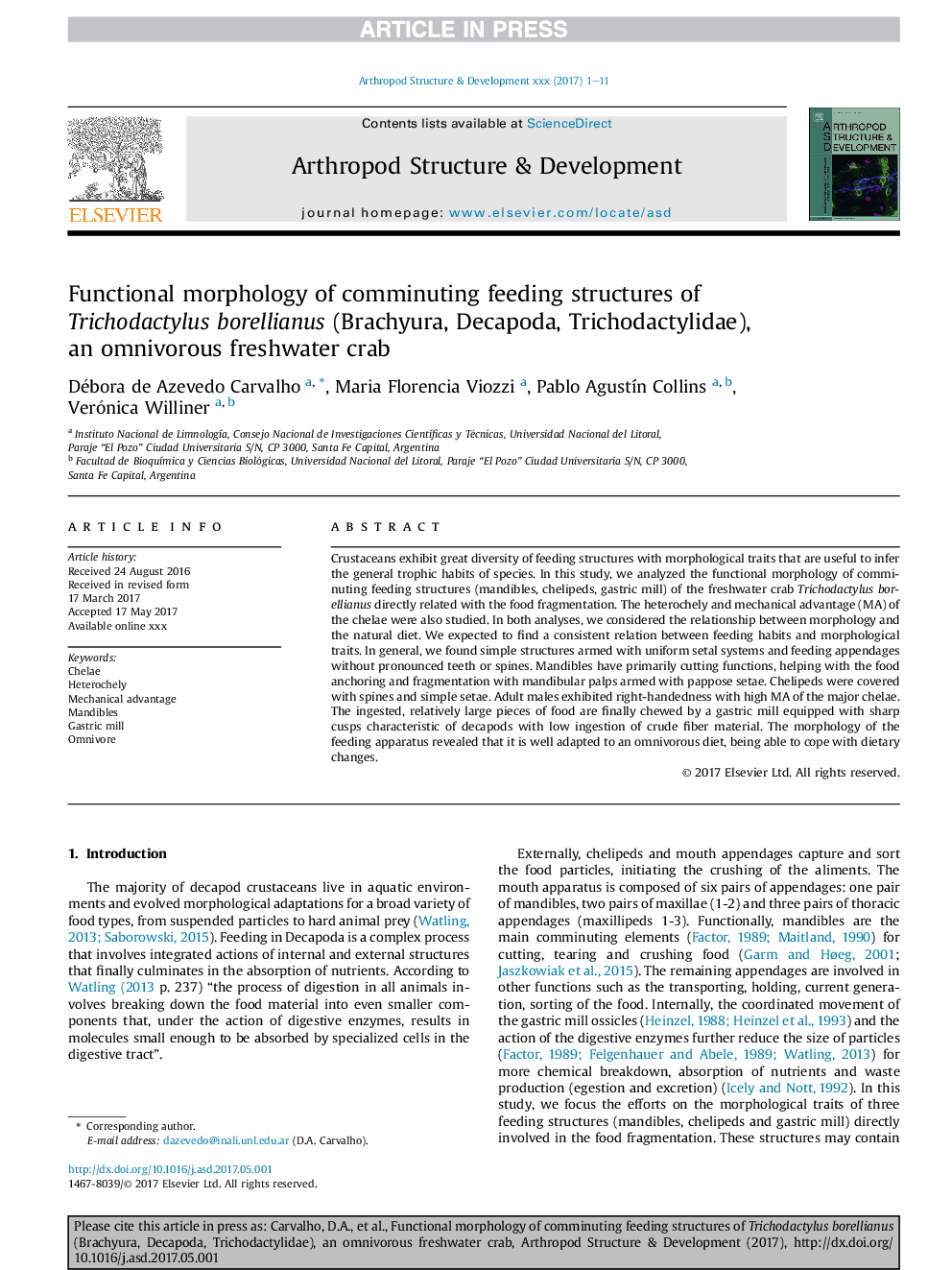 Functional morphology of comminuting feeding structures of Trichodactylus borellianus (Brachyura, Decapoda, Trichodactylidae), anÂ omnivorous freshwater crab