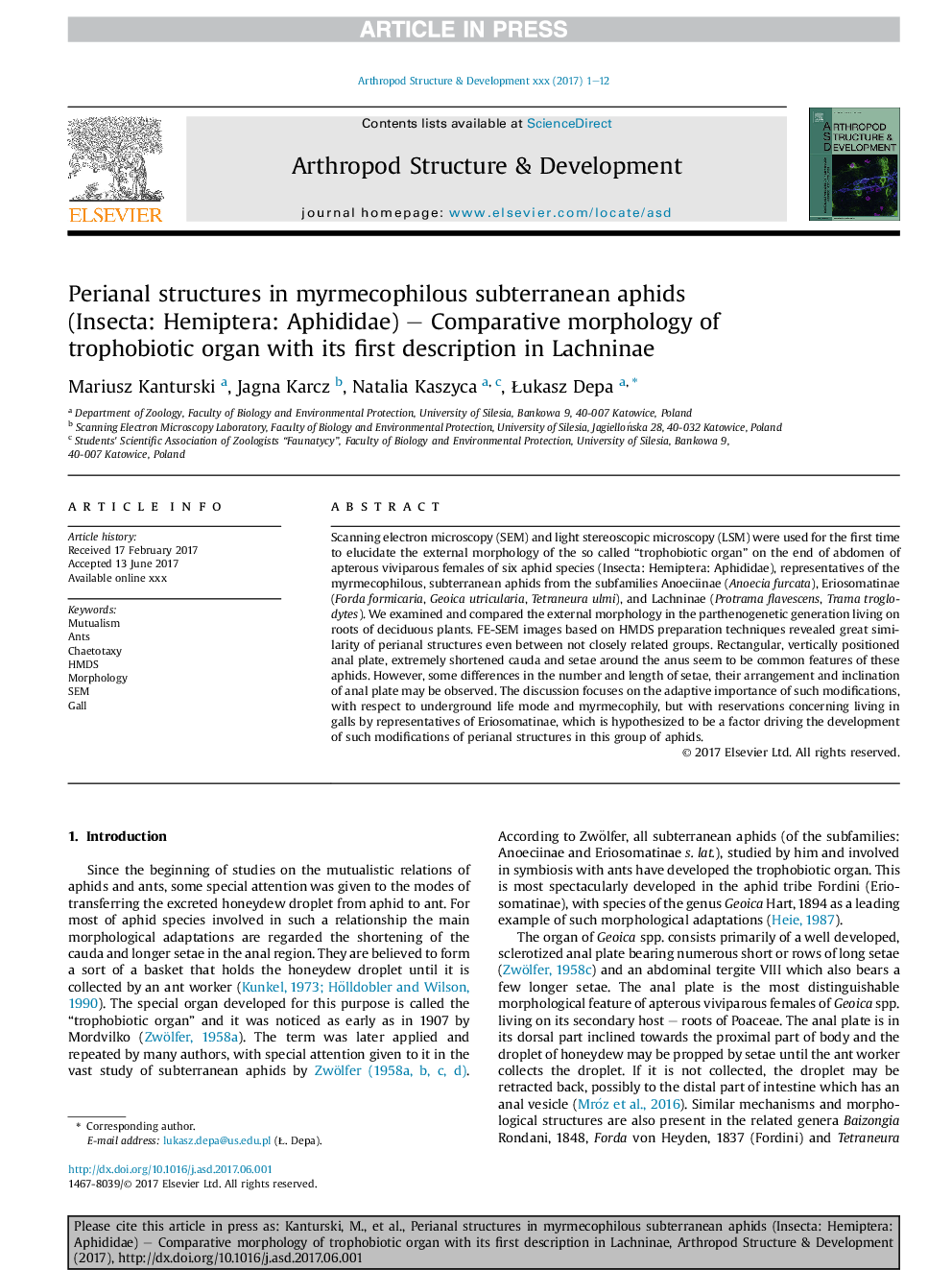 Perianal structures in myrmecophilous subterranean aphids (Insecta: Hemiptera: Aphididae) - Comparative morphology of trophobiotic organ with its first description in Lachninae