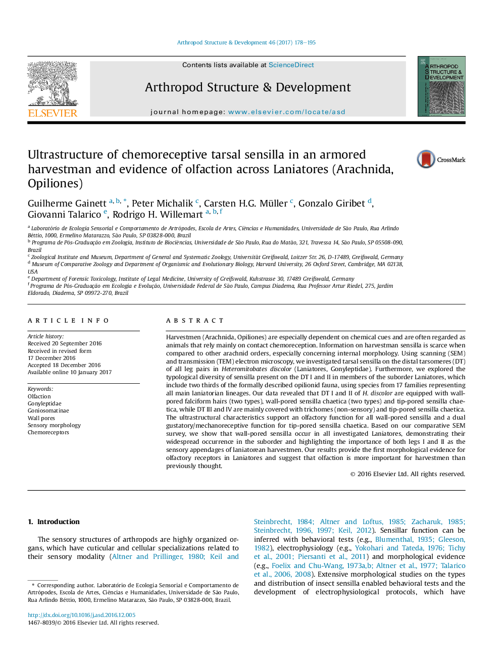 Ultrastructure of chemoreceptive tarsal sensilla in an armored harvestman and evidence of olfaction across Laniatores (Arachnida, Opiliones)