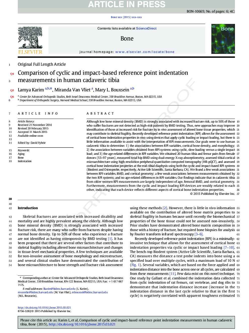 Comparison of cyclic and impact-based reference point indentation measurements in human cadaveric tibia