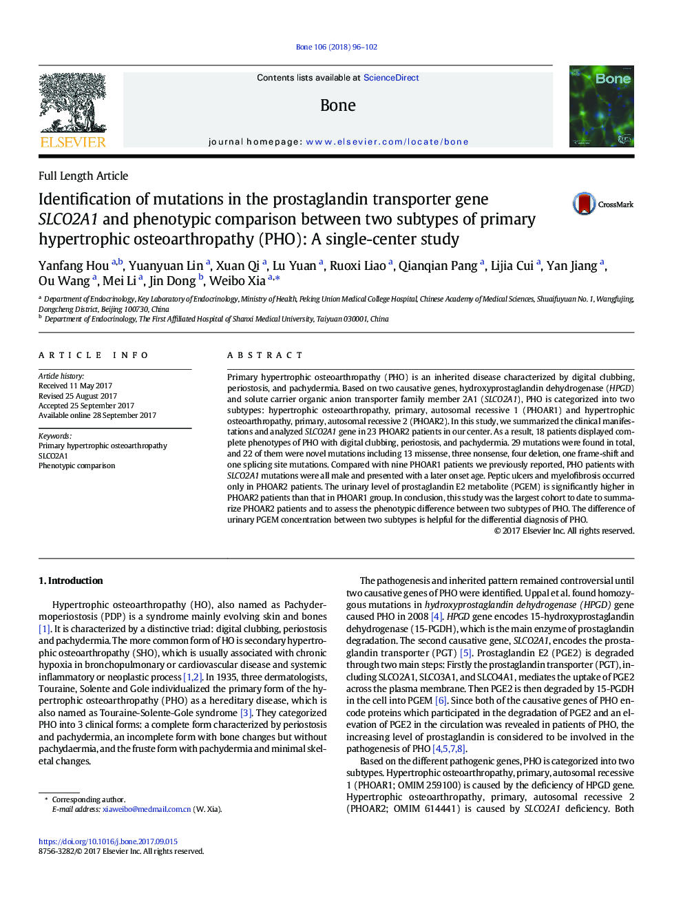 Identification of mutations in the prostaglandin transporter gene SLCO2A1 and phenotypic comparison between two subtypes of primary hypertrophic osteoarthropathy (PHO): A single-center study