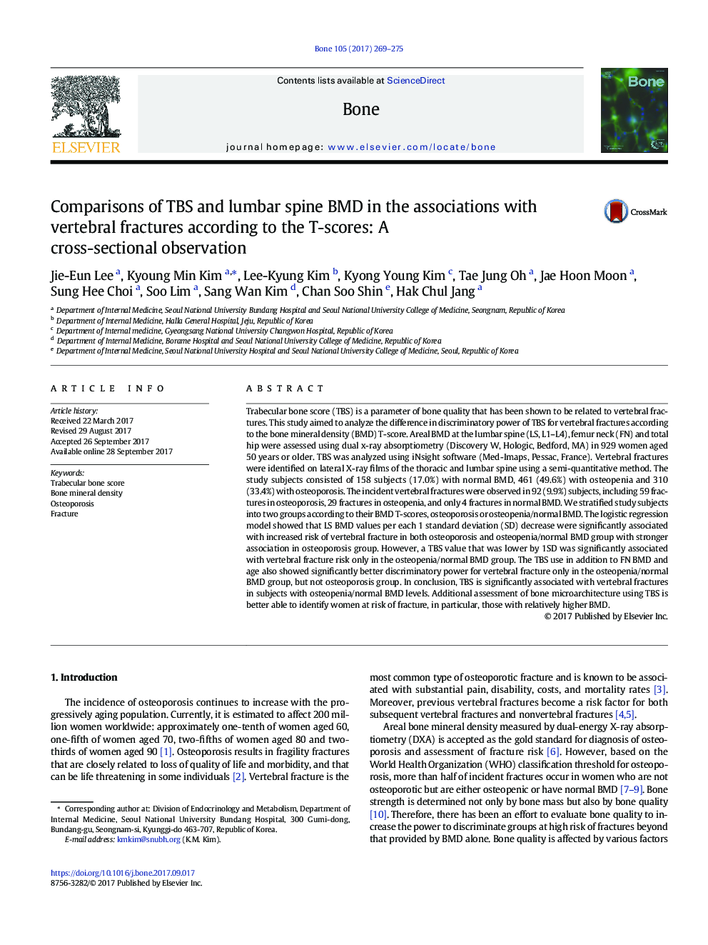 Comparisons of TBS and lumbar spine BMD in the associations with vertebral fractures according to the T-scores: A cross-sectional observation