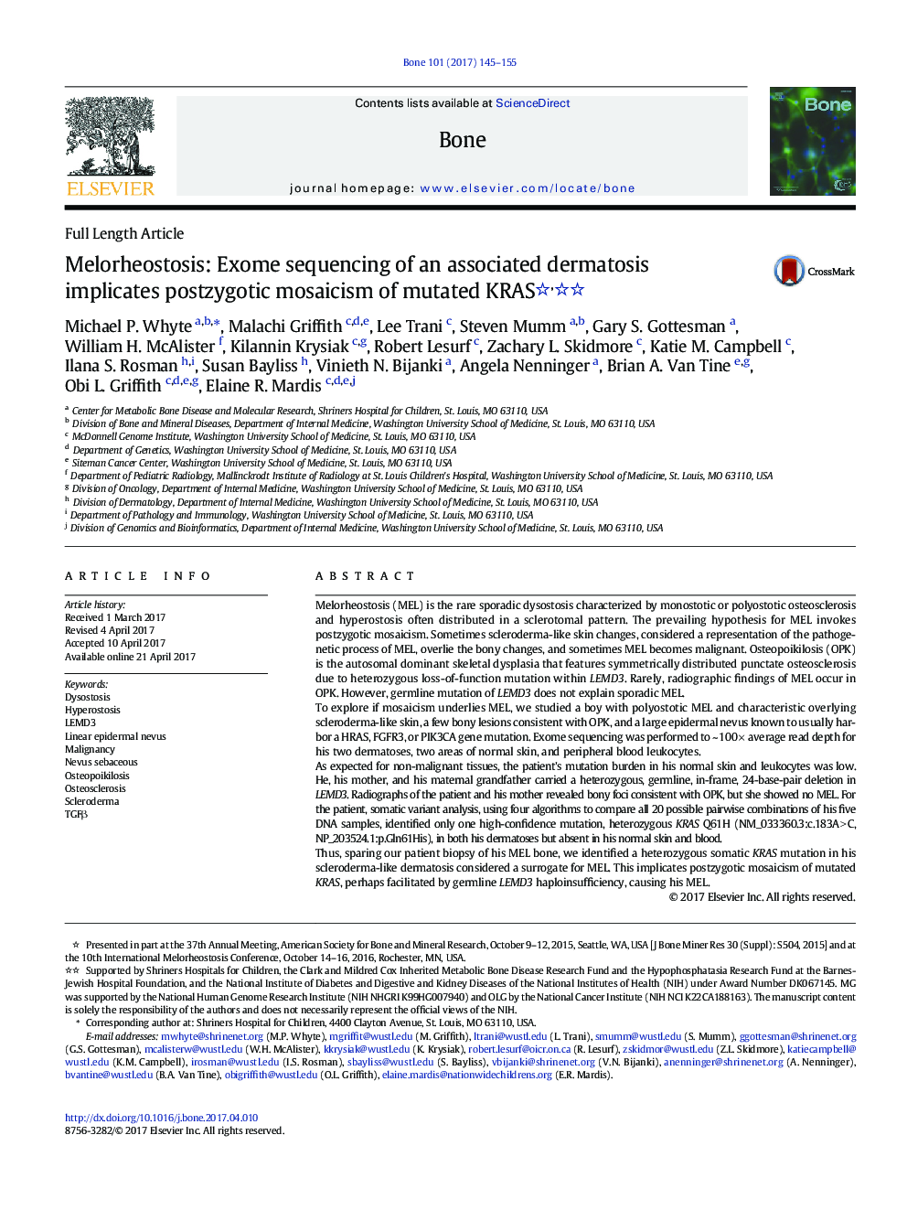 Melorheostosis: Exome sequencing of an associated dermatosis implicates postzygotic mosaicism of mutated KRAS