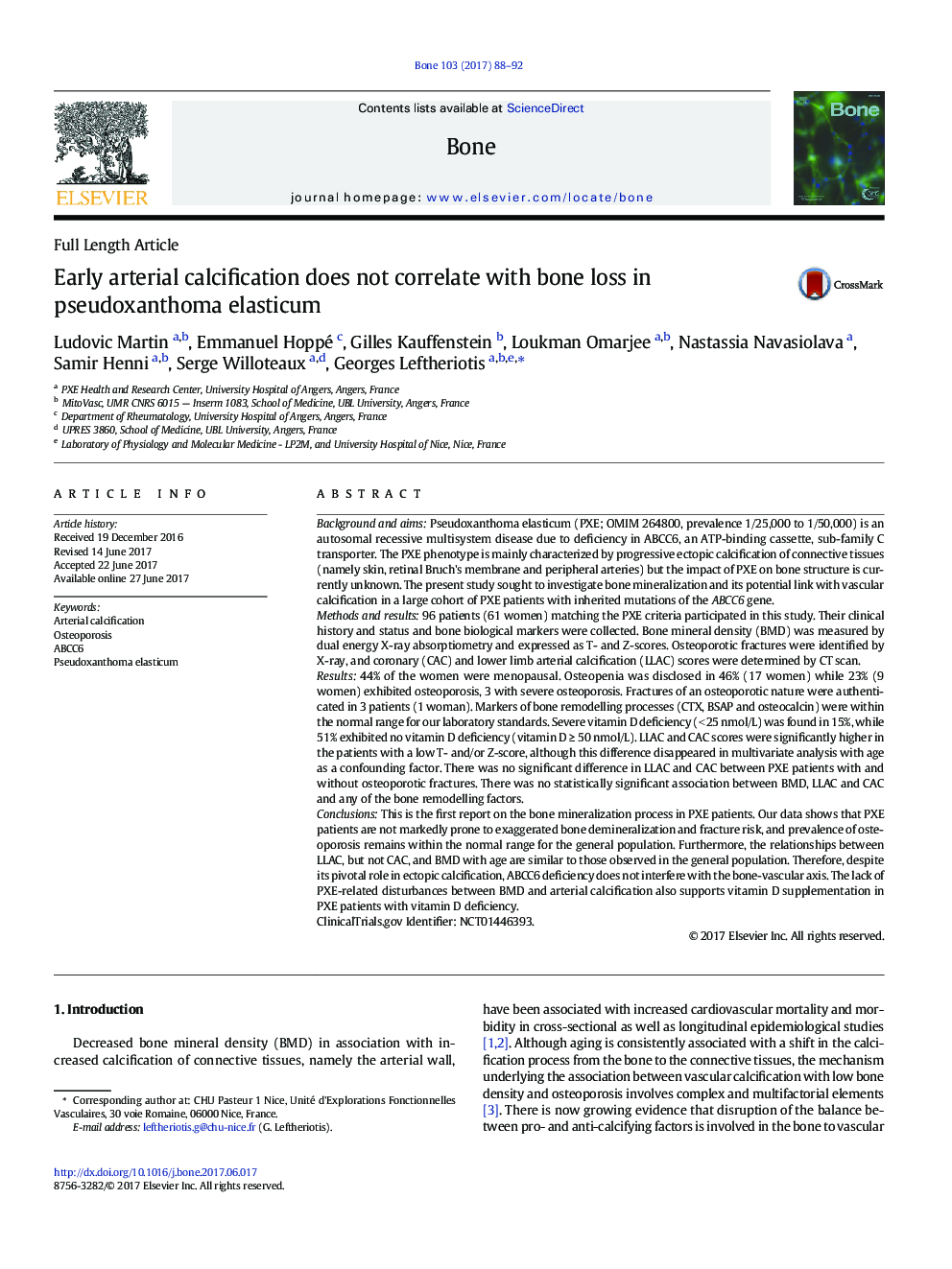 Full Length ArticleEarly arterial calcification does not correlate with bone loss in pseudoxanthoma elasticum