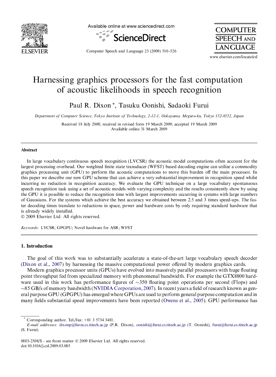 Harnessing graphics processors for the fast computation of acoustic likelihoods in speech recognition