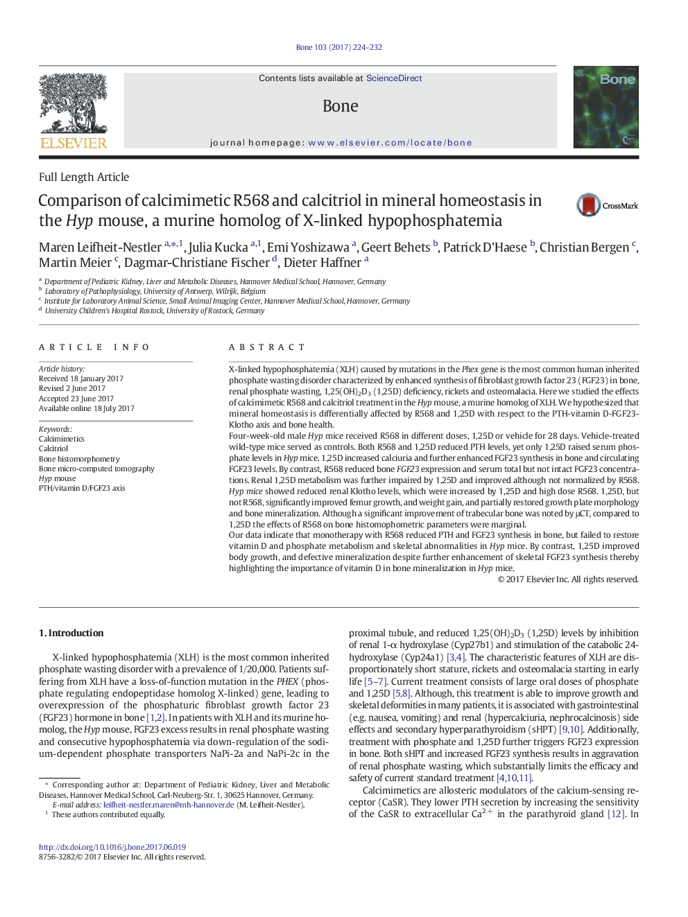 Comparison of calcimimetic R568 and calcitriol in mineral homeostasis in the Hyp mouse, a murine homolog of X-linked hypophosphatemia