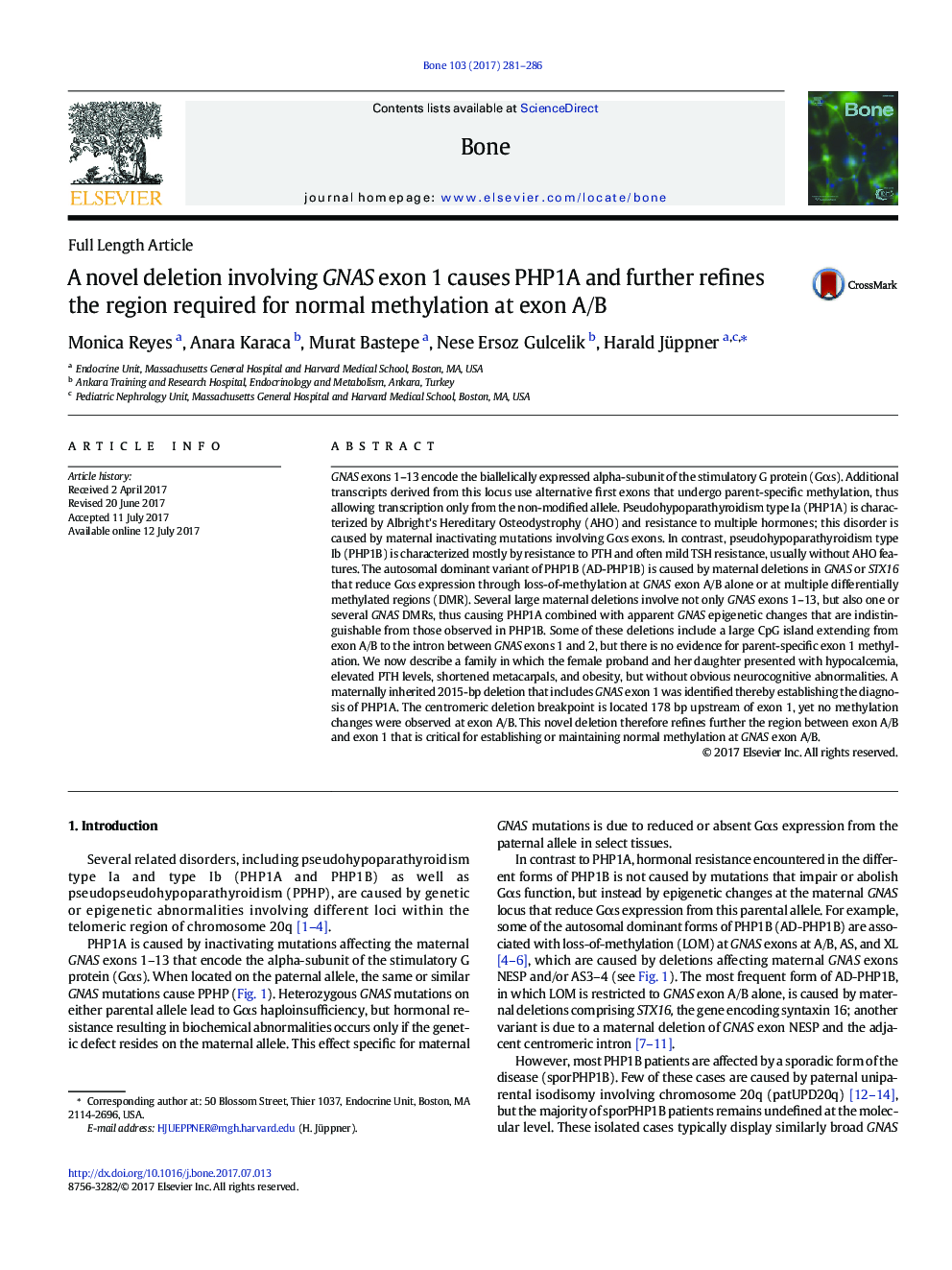 Full Length ArticleA novel deletion involving GNAS exon 1 causes PHP1A and further refines the region required for normal methylation at exon A/B