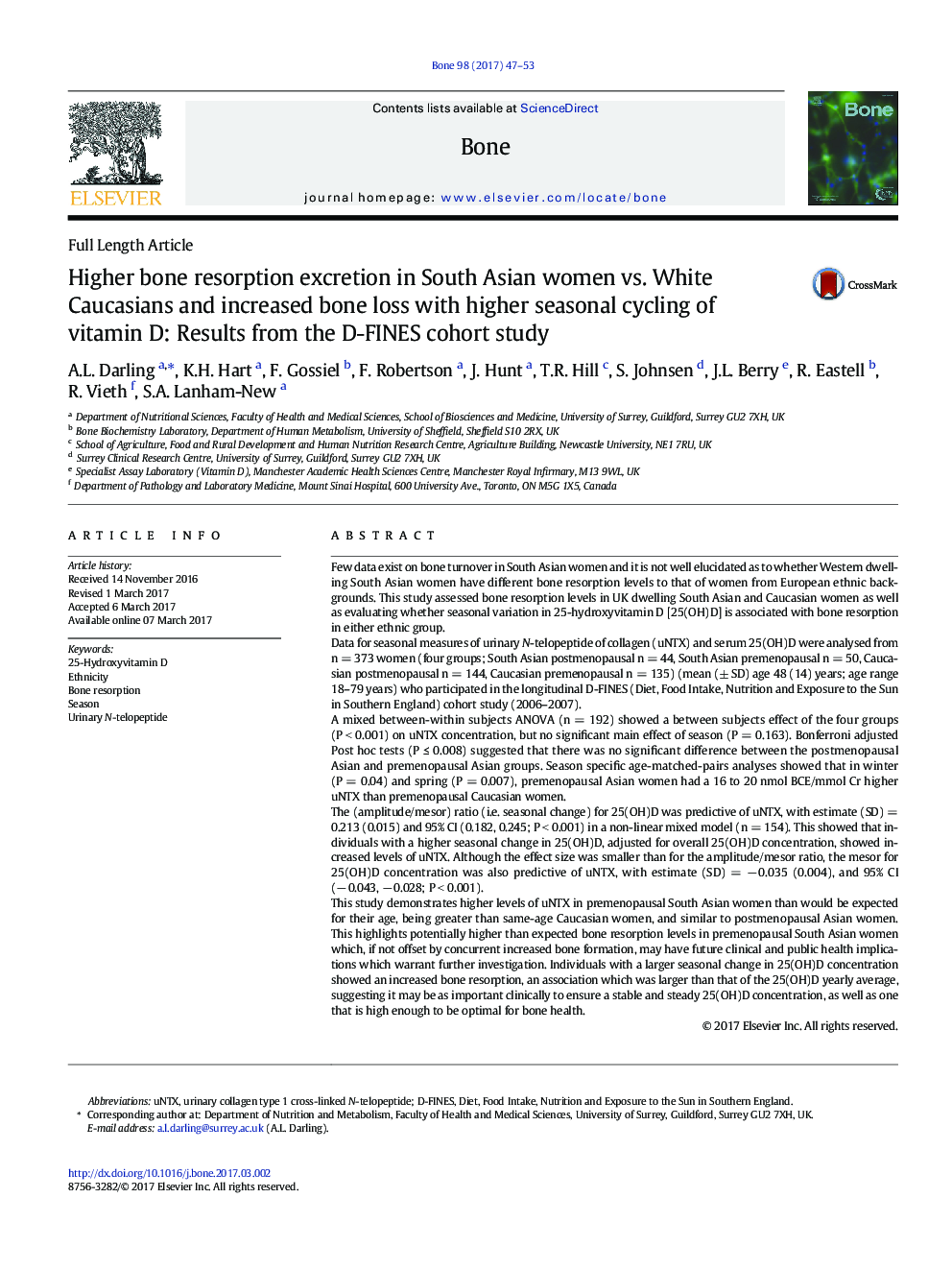 Higher bone resorption excretion in South Asian women vs. White Caucasians and increased bone loss with higher seasonal cycling of vitamin D: Results from the D-FINES cohort study