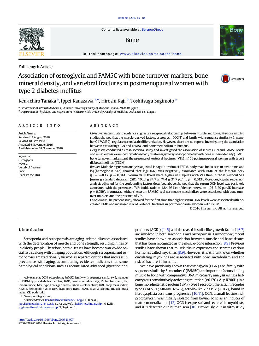 Association of osteoglycin and FAM5C with bone turnover markers, bone mineral density, and vertebral fractures in postmenopausal women with type 2 diabetes mellitus