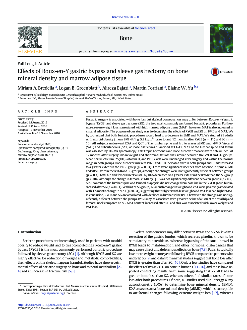 Full Length ArticleEffects of Roux-en-Y gastric bypass and sleeve gastrectomy on bone mineral density and marrow adipose tissue