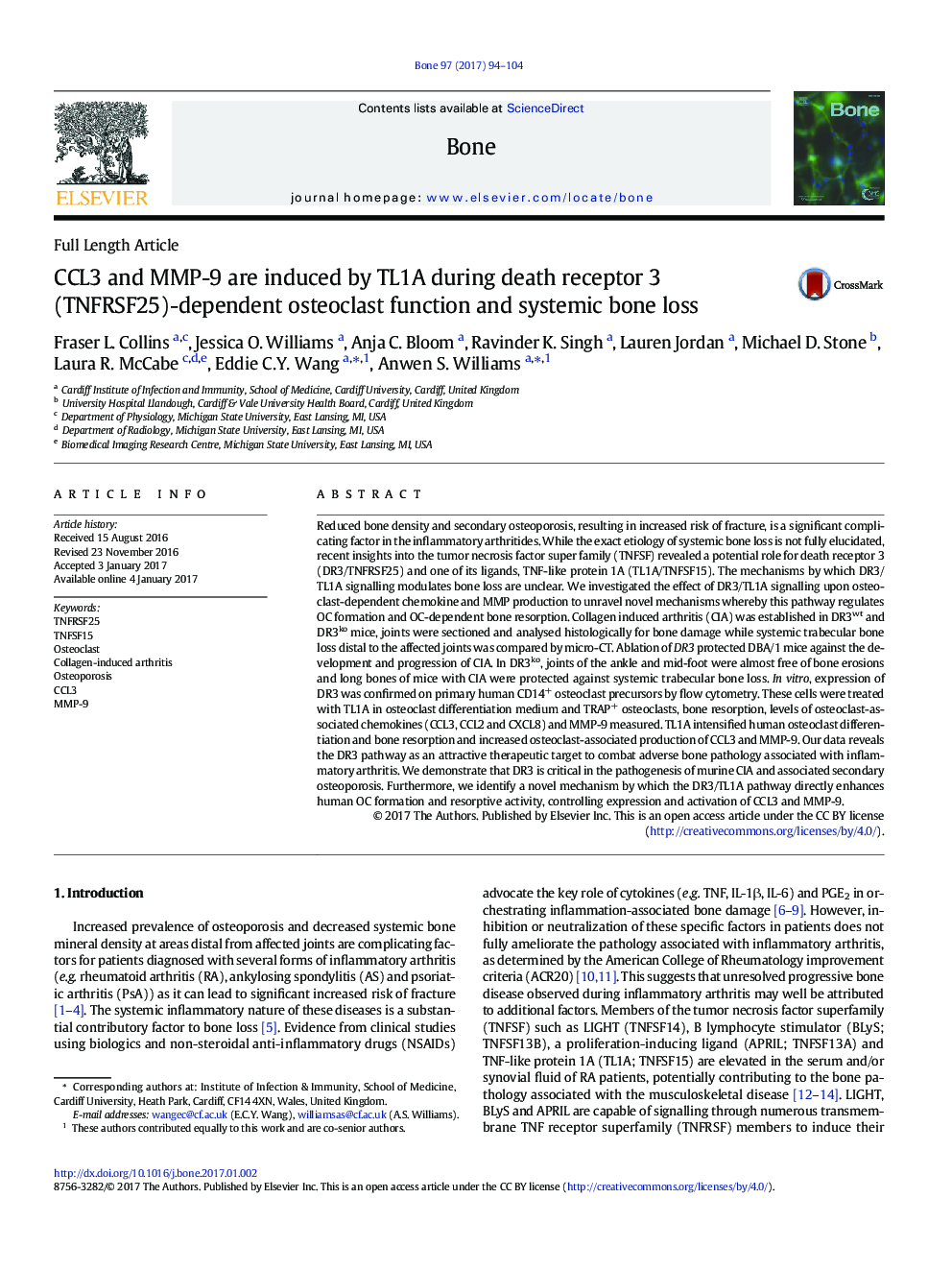 CCL3 and MMP-9 are induced by TL1A during death receptor 3 (TNFRSF25)-dependent osteoclast function and systemic bone loss