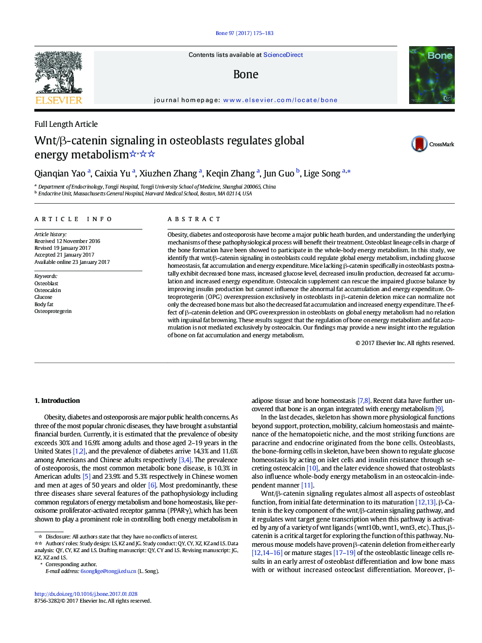 Wnt/Î²-catenin signaling in osteoblasts regulates global energy metabolism