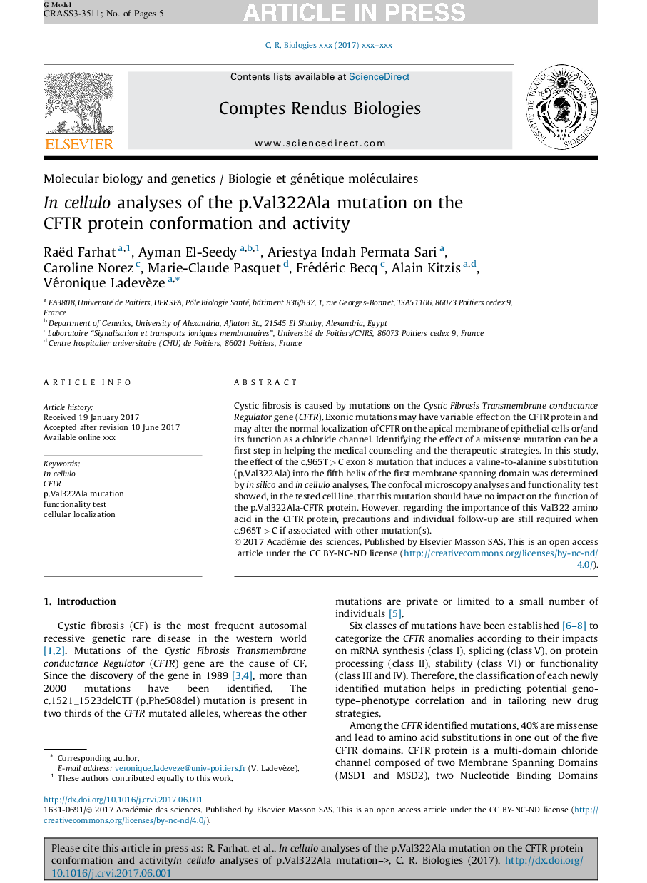 In cellulo analyses of the p.Val322Ala mutation on the CFTR protein conformation and activity