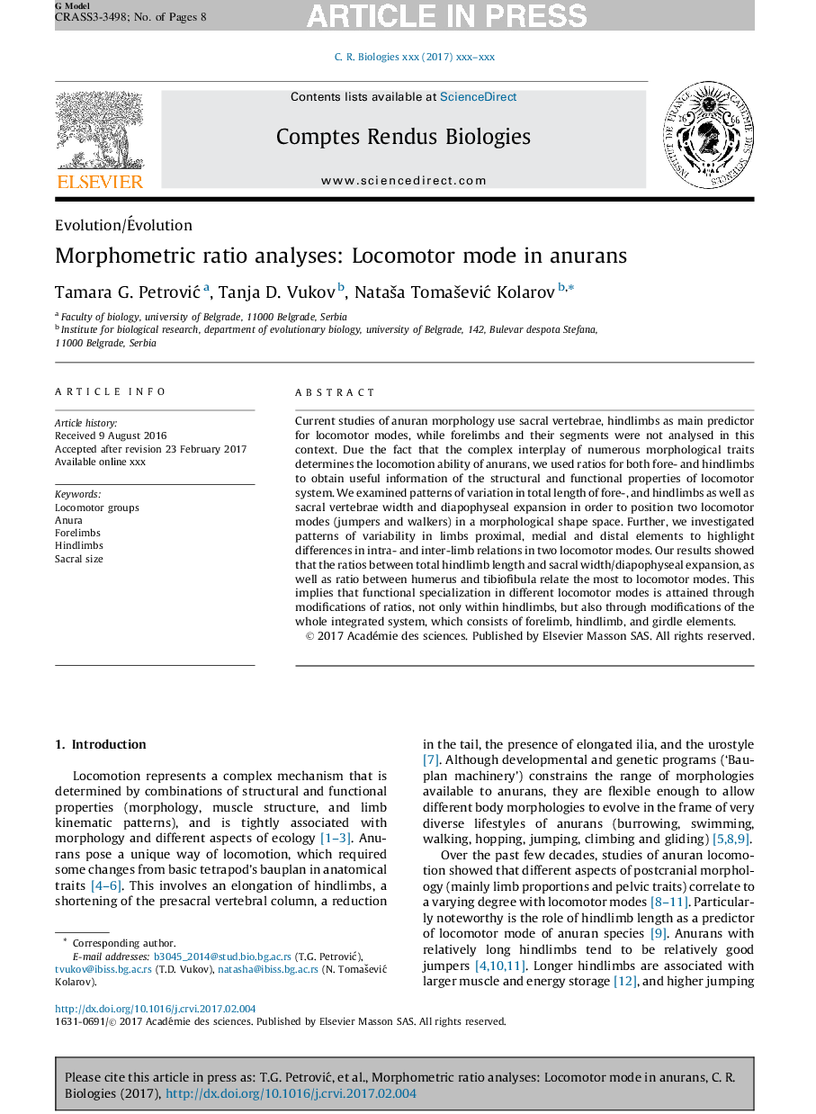 Morphometric ratio analyses: Locomotor mode in anurans