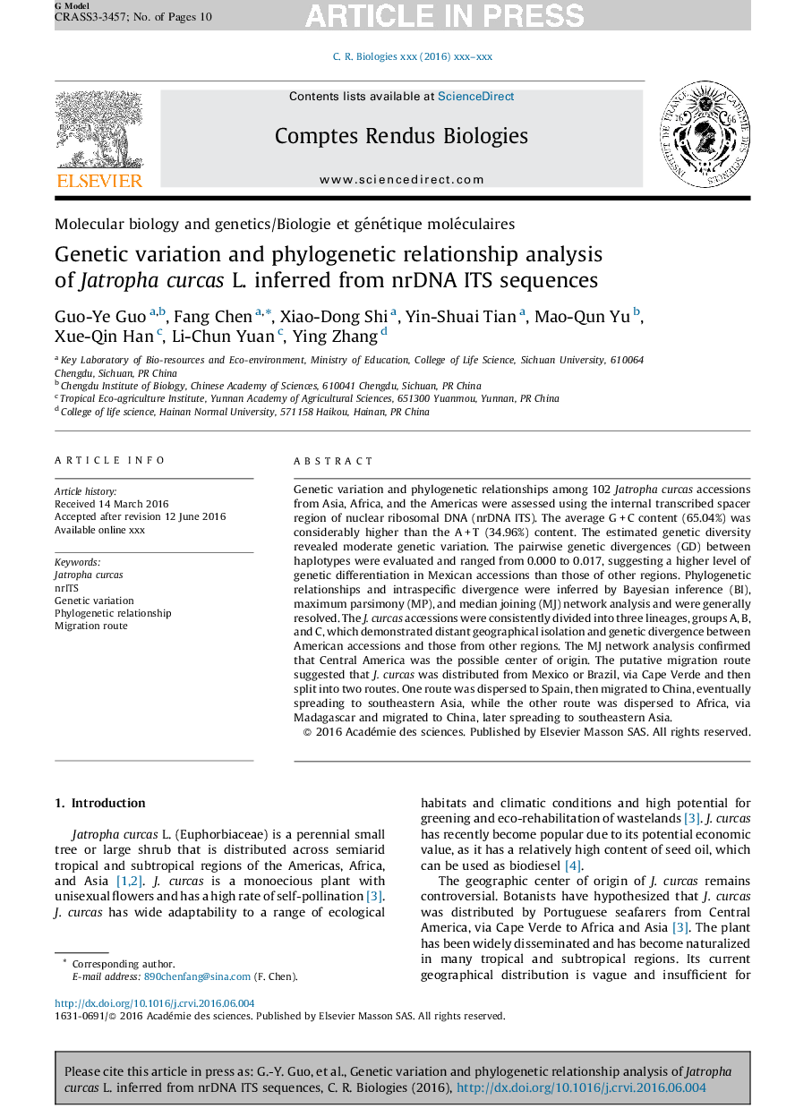 Genetic variation and phylogenetic relationship analysis of Jatropha curcas L. inferred from nrDNA ITS sequences