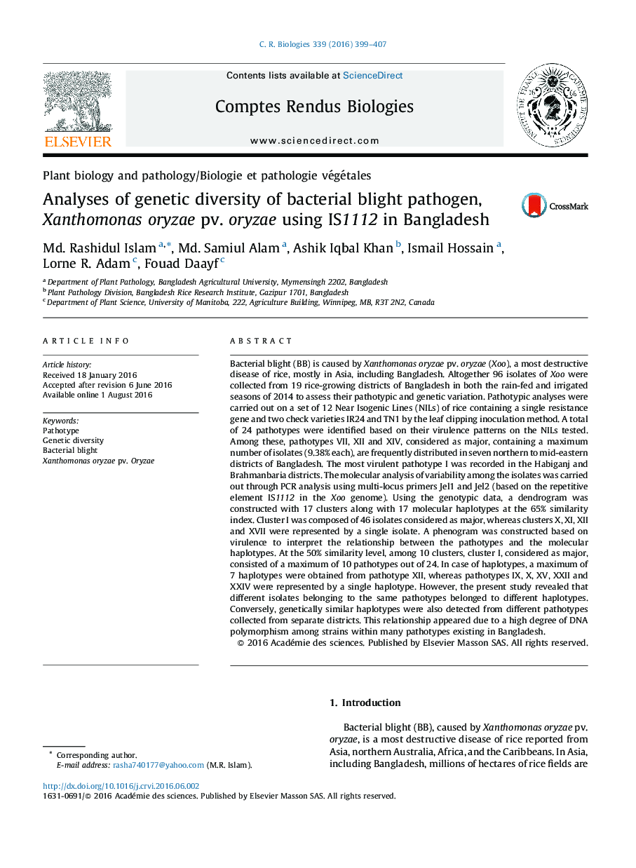 Analyses of genetic diversity of bacterial blight pathogen, Xanthomonas oryzae pv. oryzae using IS1112 in Bangladesh
