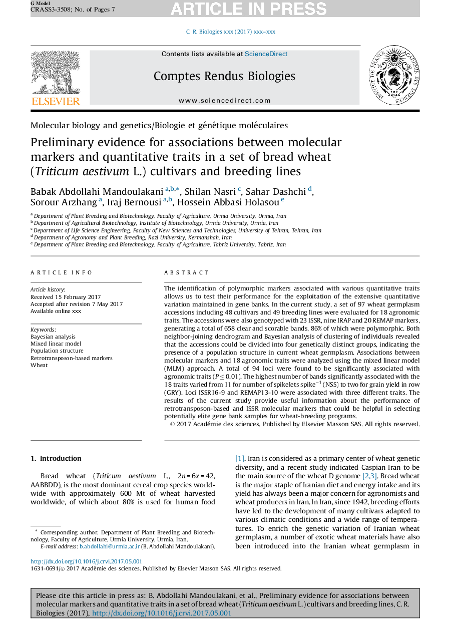 Preliminary evidence for associations between molecular markers and quantitative traits in a set of bread wheat (Triticum aestivum L.) cultivars and breeding lines