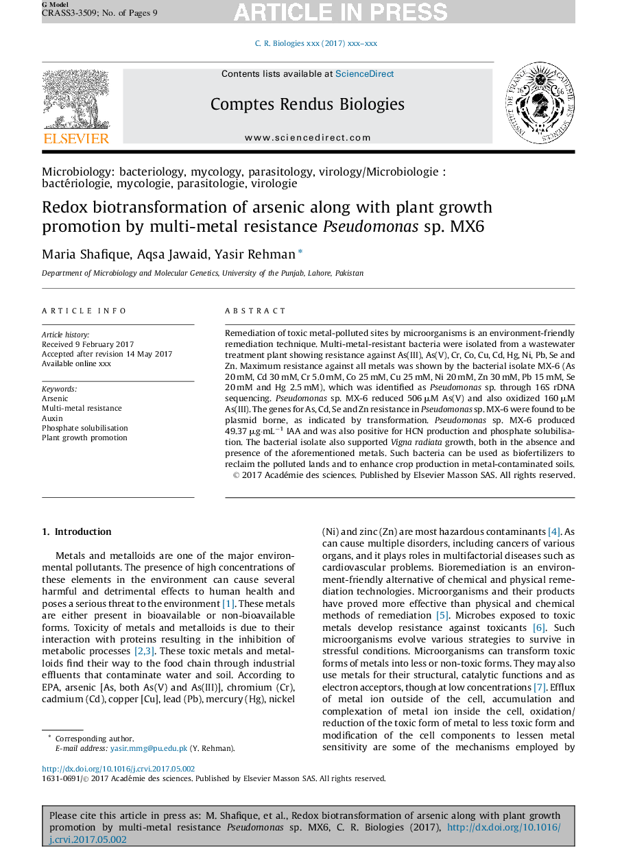 Redox biotransformation of arsenic along with plant growth promotion by multi-metal resistance Pseudomonas sp. MX6
