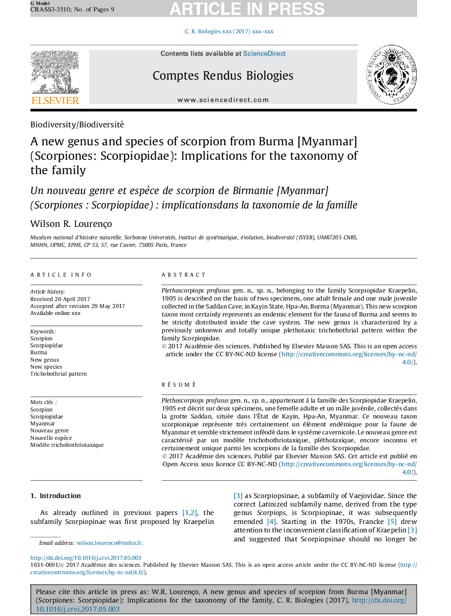 A new genus and species of scorpion from Burma [Myanmar] (Scorpiones: Scorpiopidae): Implications for the taxonomy of the family