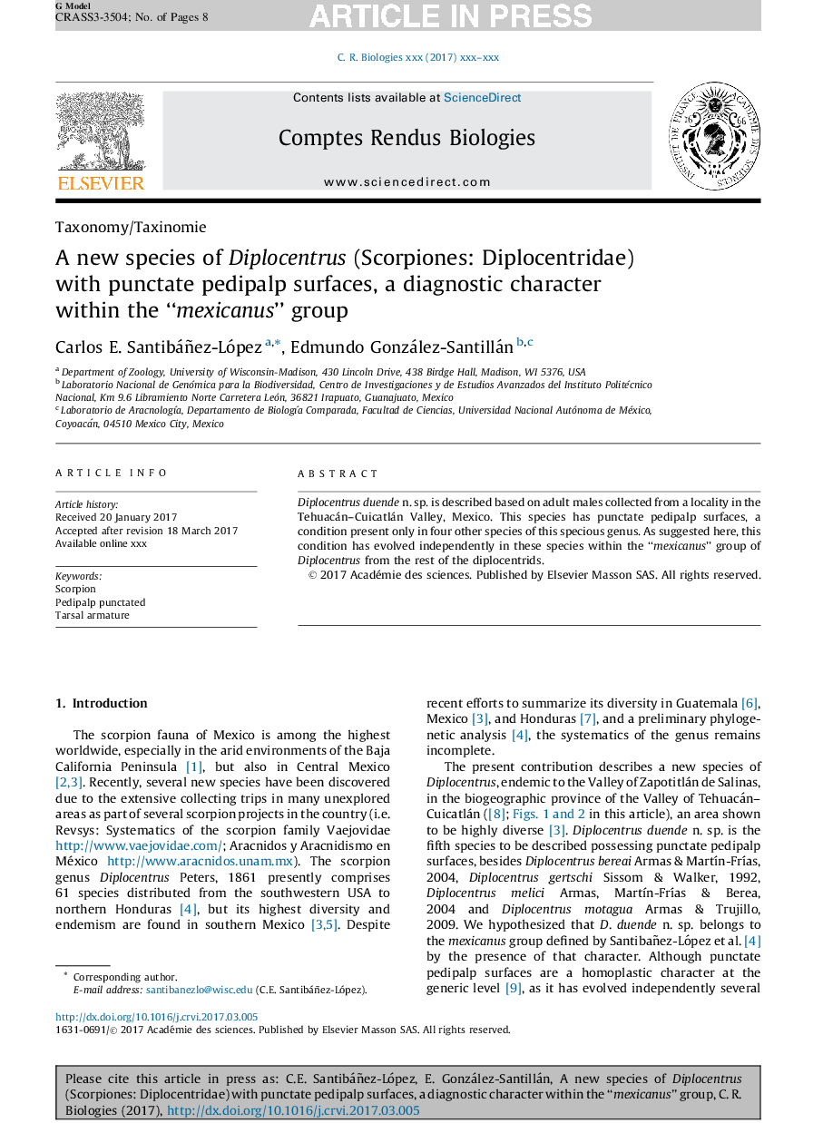 A new species of Diplocentrus (Scorpiones: Diplocentridae) with punctate pedipalp surfaces, a diagnostic character within the “mexicanus” group