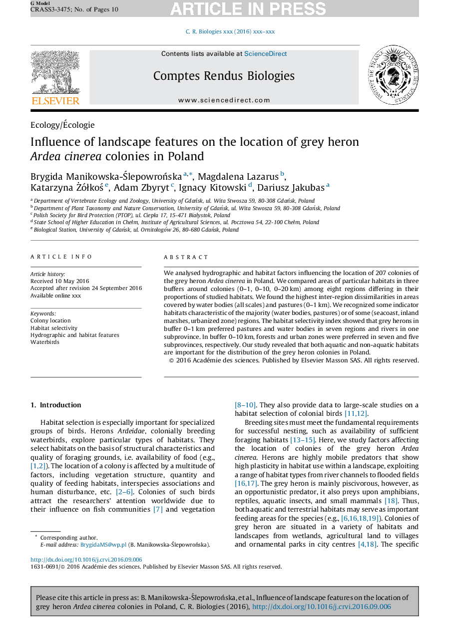 Influence of landscape features on the location of grey heron Ardea cinerea colonies in Poland