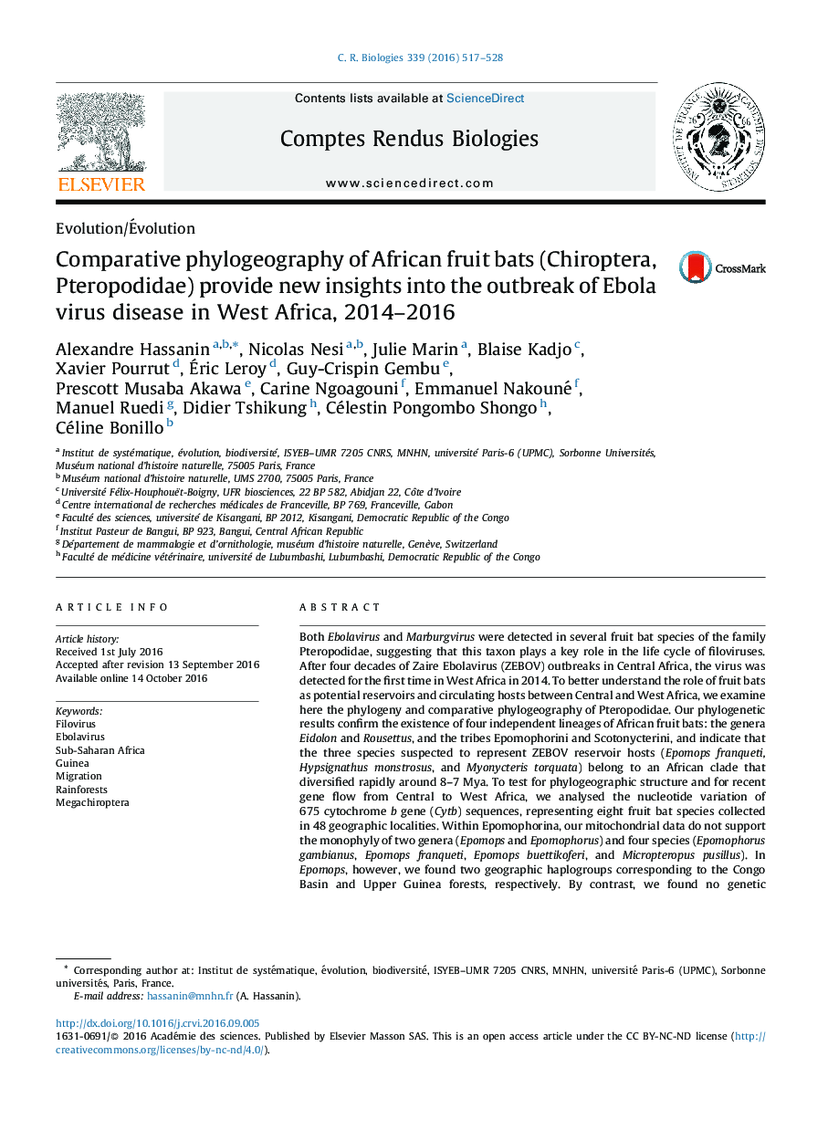 Comparative phylogeography of African fruit bats (Chiroptera, Pteropodidae) provide new insights into the outbreak of Ebola virus disease in West Africa, 2014-2016