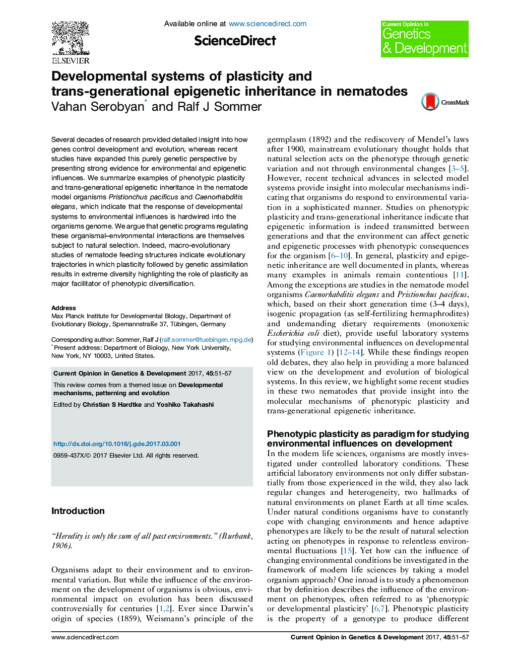 Developmental systems of plasticity and trans-generational epigenetic inheritance in nematodes