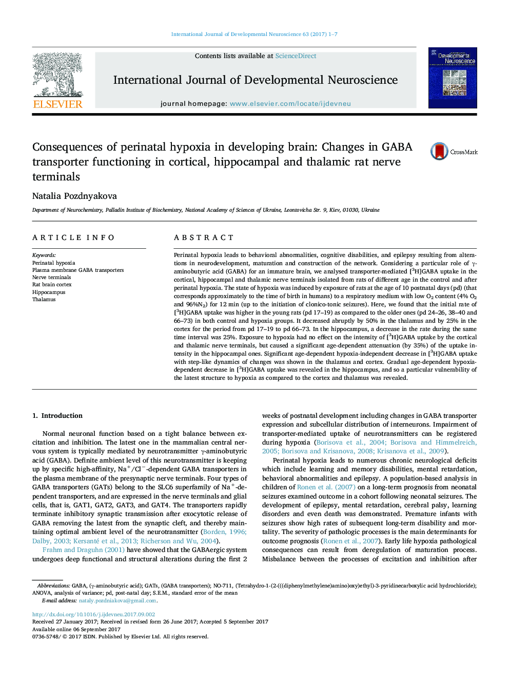 Consequences of perinatal hypoxia in developing brain: Changes in GABA transporter functioning in cortical, hippocampal and thalamic rat nerve terminals