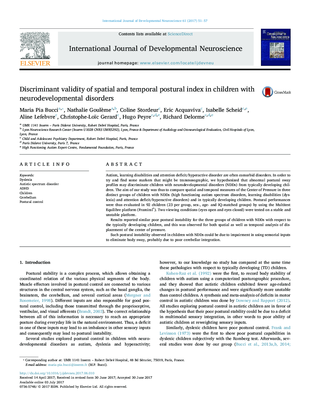 Discriminant validity of spatial and temporal postural index in children with neurodevelopmental disorders